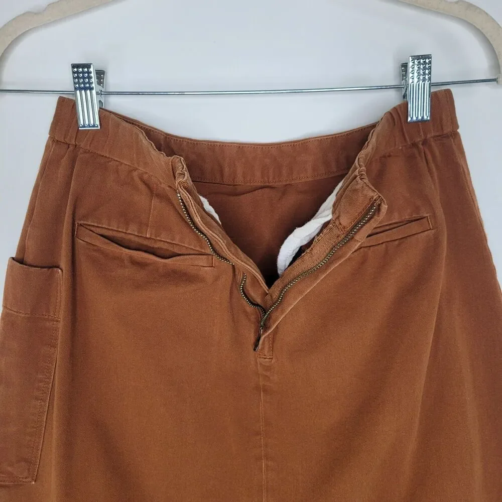 MUJI Brown Asymmetrical Pleat Midi Skirt Size S Cotton Pockets Chore Pocket Zip - Picture 6 of 9